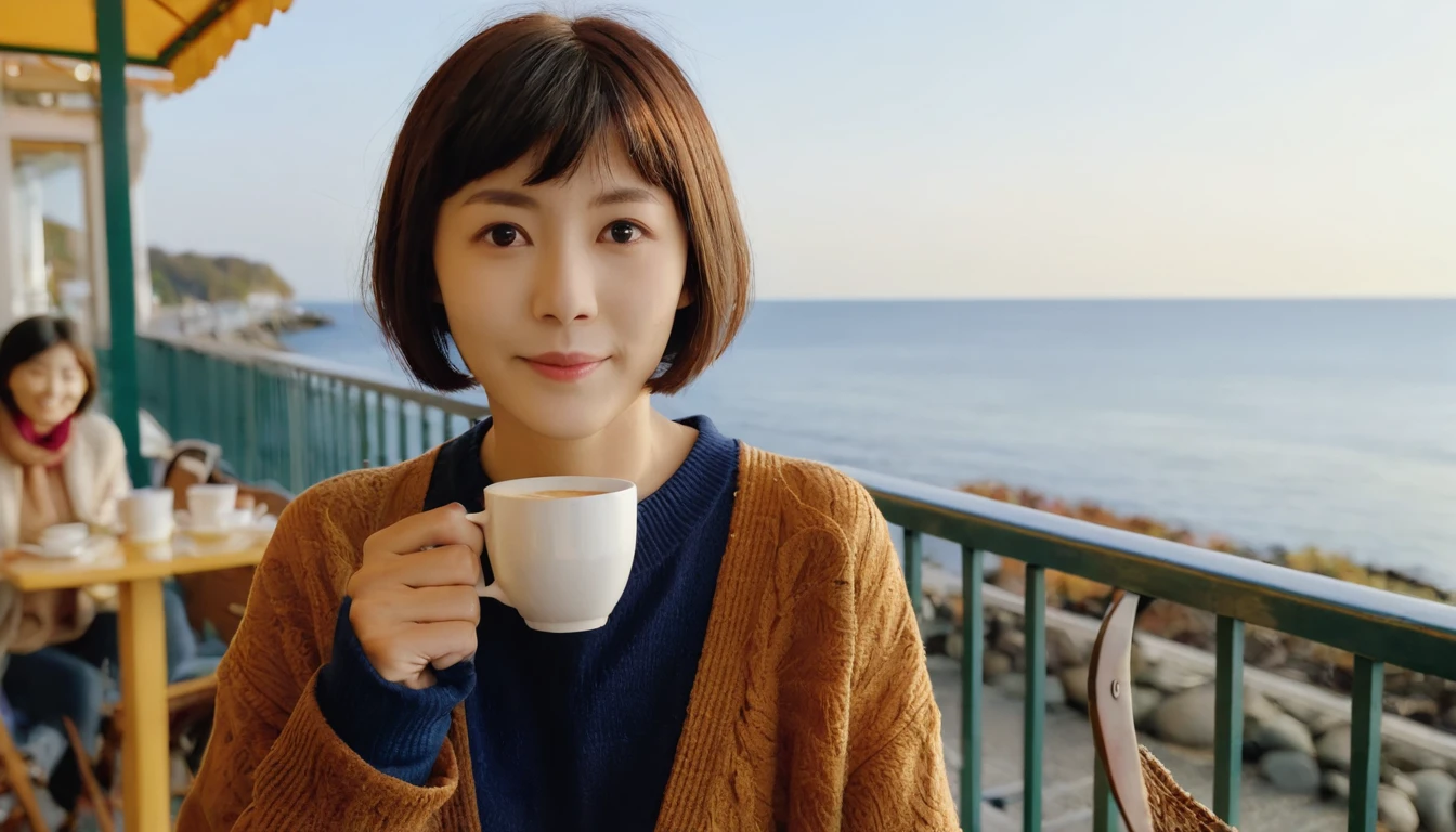 Actual photo,  High image quality ,    anatomically correct,  Autumn seaside cafe terrace   , Beautiful autumn seaside scenery , Spectacular natural scenery ,  One Japanese girl  ,    holding a coffee cup in hand,  Short, trimmed bangs,  short hair,  gentle light of the sun starting to lean west, 