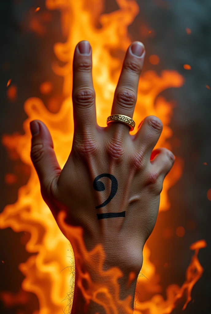 h4nd, perfect hand, golden ring, emerging from the fire, the hand marks the number 2, realistic photo, the back of the hand, the knuckles of the hand, wrist, dirty hand