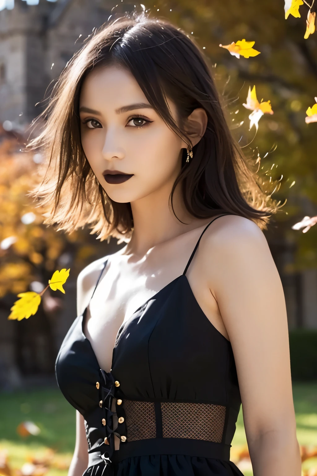   1 girl, ( She's wearing a gothic black dress :1.2), (Gothic Makeup),  A very beautiful portrait of a Japanese singer , (RAW Photo Best Quality), (Realistic, Realistic:1.4), (masterpiece), 
 very detailed , 2k wallpaper, wonderful, finely,  very detailed ,  CG Unity 8k Wallpaper ,  very detailed ,  Kampala, Soft light, 
 A beautiful girl carefully drawn in every detail ,  very detailed な目と顔, A beautiful and elegant nose,  beautiful beautiful eyes, Cinema Lighting, 
(Girl full body silhouette:1.2), ( Background of scattered fallen leaves surrounding a decaying castle:1.4), (Autumn leaves shining in the transmitted light of sunlight ), ( A vivid screen with intense contrasts :1.5),
( medium hair ), (Disheveled hair blowing in the wind), 
 Perfect Anatomy, Slender body, Small breasts, Thin legs