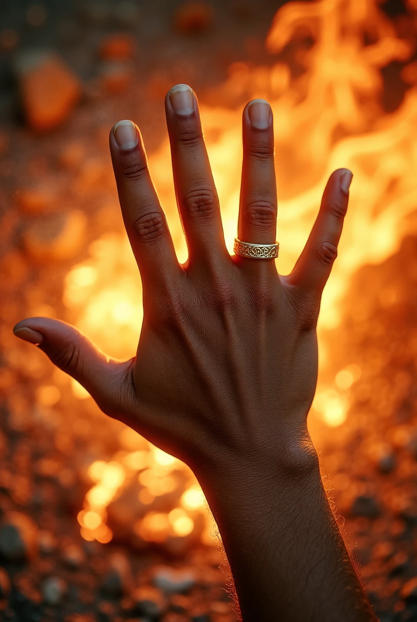 h4nd, perfect hand pointing the viewer, golden ring, emerging from the fire, realistic photo, the back of the hand, the knuckles of the hand, wrist, dirty hand