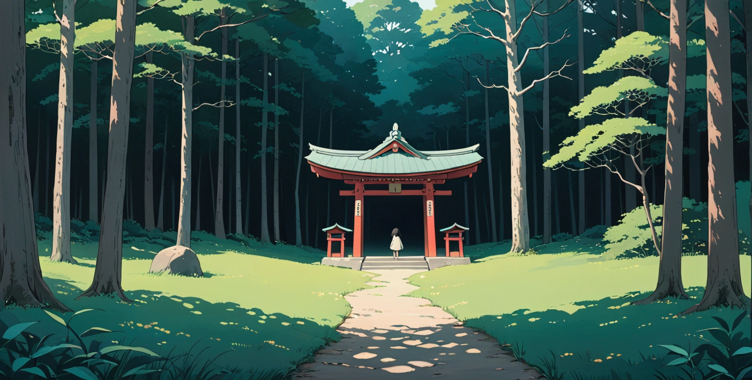 (minimalism:1.4), Lofi anime style, Studio Ghibli art, Miyazaki ,pastel , cute ,minimalist , SPIRITED AWAY From Hayao Miyazak ,No one is there , No people , Landscape , Japanese shrine in the forest