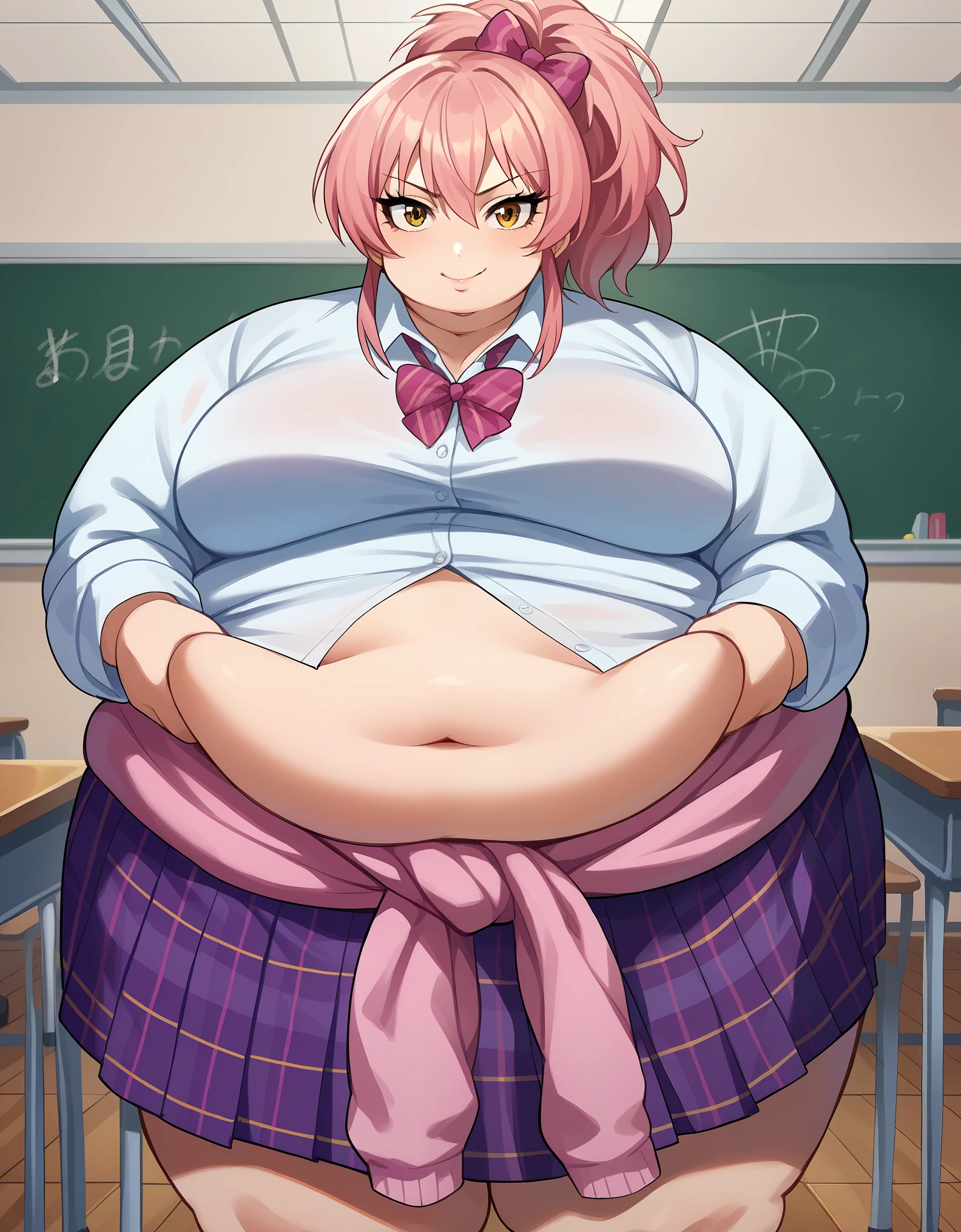 score_9, score_8_up, score_7_up, source_anime,
mikajougasaki, mika jougasaki, hair bow, long hair, pink hair, yellow eyes, ponytail, smile,
bow, clothes around waist, plaid, plaid skirt, school uniform, skirt, sweater, sweater around waist,
indoors, classroom,
looking at viewer, dutch angle, cowboy shot, fat, chubby, obese 