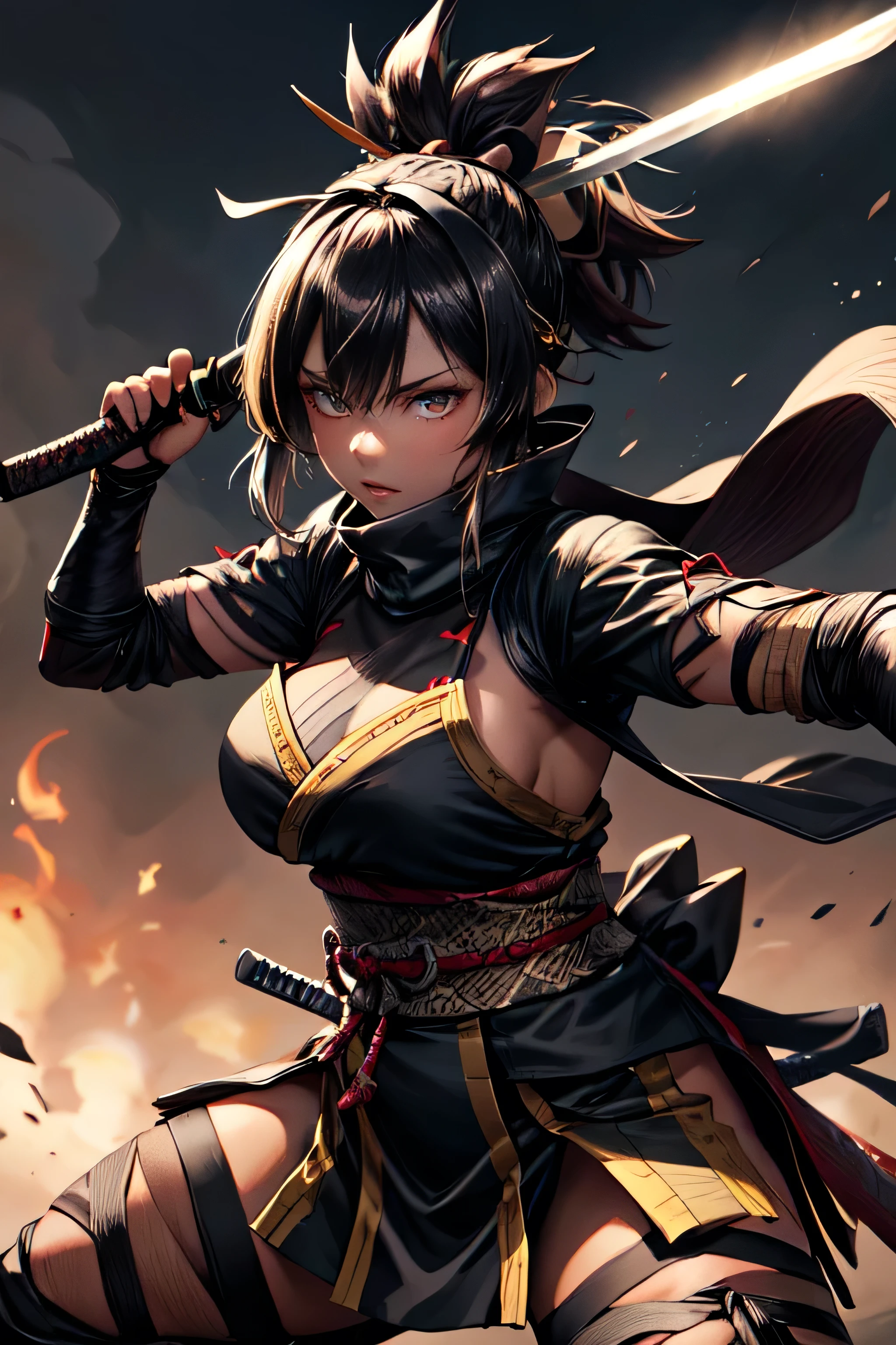 One girl, samurai,Japanese sword,anime,Anatomically correct, A series of character actions, ninja,ponytail, masterpiece, Textured skin, Action Painting, Heavy makeup, Brown Skin,Perfect Face,Perfect Eyes,Hairbands,Overpowering the enemy,Glowing Sword,Powerful Blow,