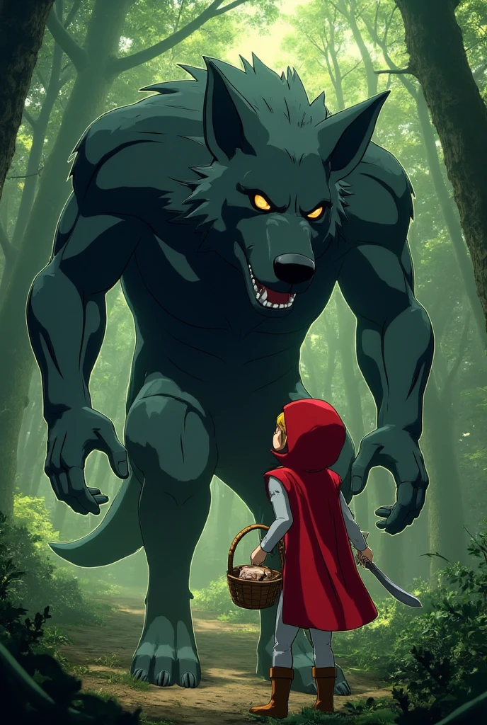 yosha. high-quality digital drawing in the anime style featuring little red riding hood with a giant wolf her size. They are teaming together against all odds. The little red riding hood is holding a basket in one hand, sword in the other, enchanted forest. Detailed hand, hand, Perfect hand


