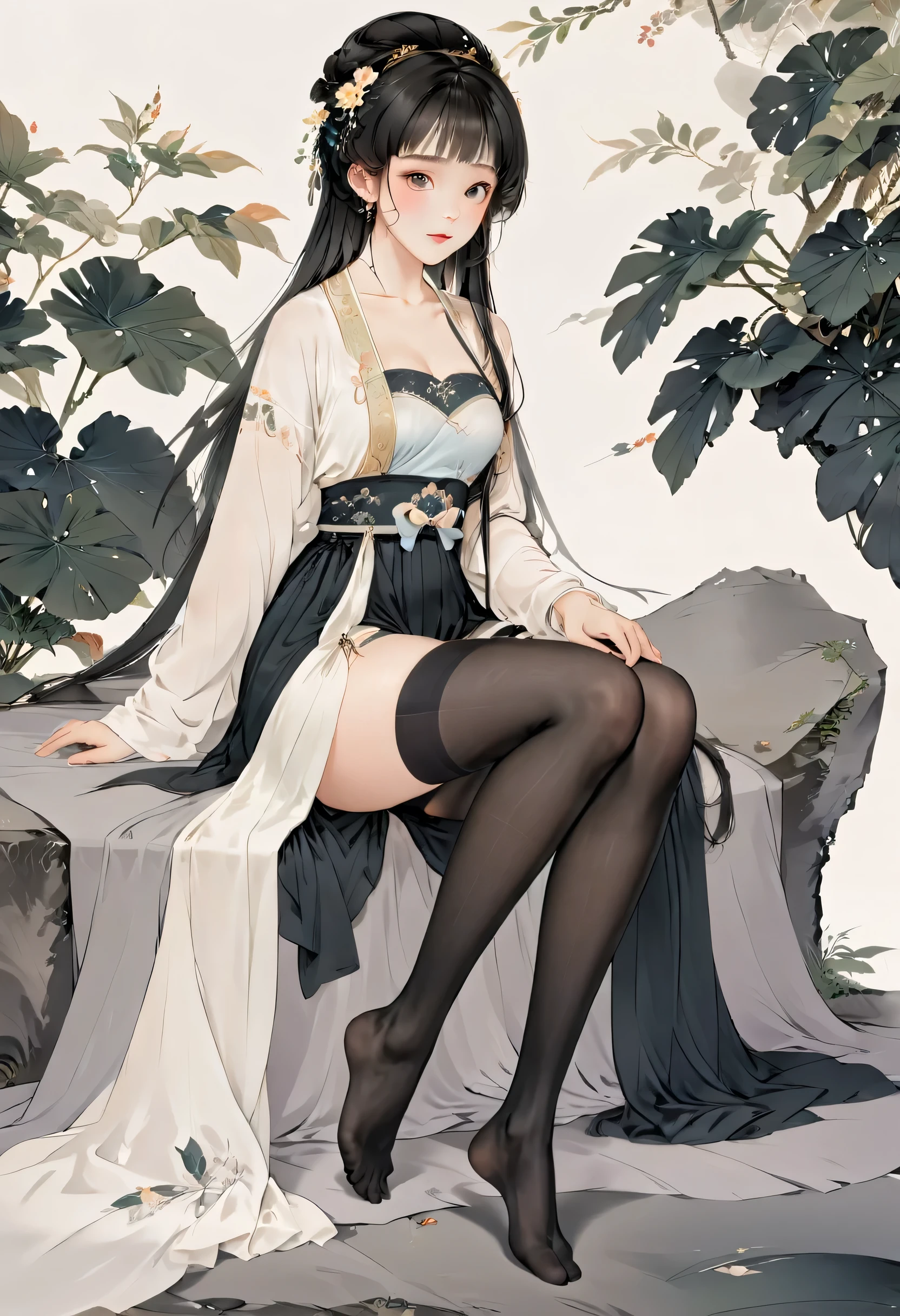 8K, masterpiece, best quality, 2D, ( Traditional Chinese Ink Painting :0.2), black pantyhose,Wearing Hanfu,Hair with bangs ,The black pantyhose on the legs are exposed,Breast fullness, spread your legs , Perfect leg shape,Leaking underwear