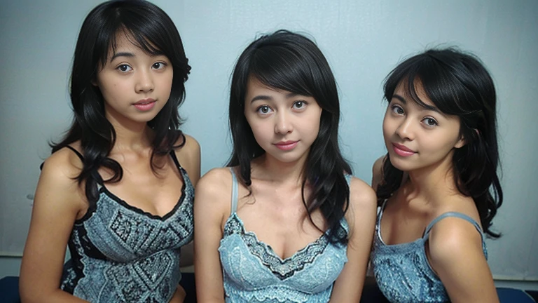 Three beautiful girls。She is wearing a tight camisole made of light blue-gray satin.。Black lace on chest and hem.。Sweetie Smile。Her dark brown hair、Her hair is long and curly。High resolution、masterpiece、Best Quality、頭w:1.4、((Hasselblad Photos))、Fine skin、Finely textured knit、(Cinema lighting)、clavicle