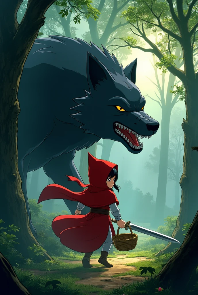 yosha. high-quality digital drawing in the anime style featuring little red riding hood with a giant wolf her size. They are teaming together against all odds. The little red riding hood is holding a basket in one hand, sword in the other, enchanted forest. 


