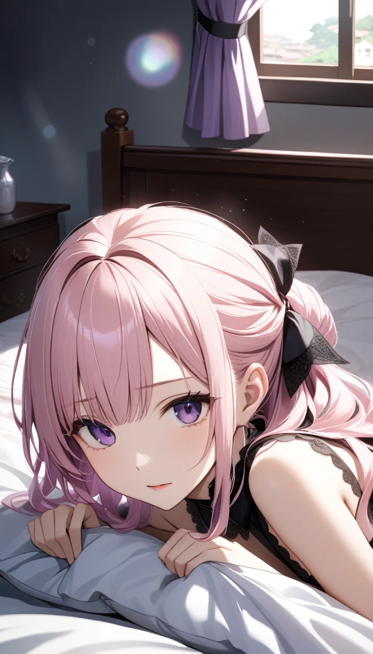 {{{{masterpiece, extremely detailed, intricate details, soft focus, 8K, highres, depth of field, absurdres, high quality facial shadowing, dynamic shadowing, extreme shaders, cinematic lighting, perfect lighting, soft lighting, hazy lighting, blurry foreground, lens flare}}}}, {pink hair}, {hair 1:3}, {pink eyes}, {laying on bed}