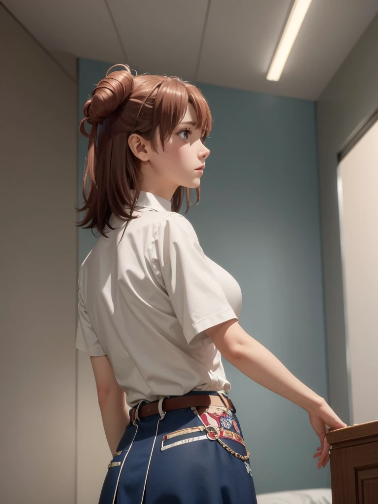 Best quality, high quality, masterpiece, high resolution, ultra detailed, one girl, cute girl, brown hair, long hair, from back, from below,
dark blue skirt, white cutter shirt, (short sleeve), big breasts, 4k