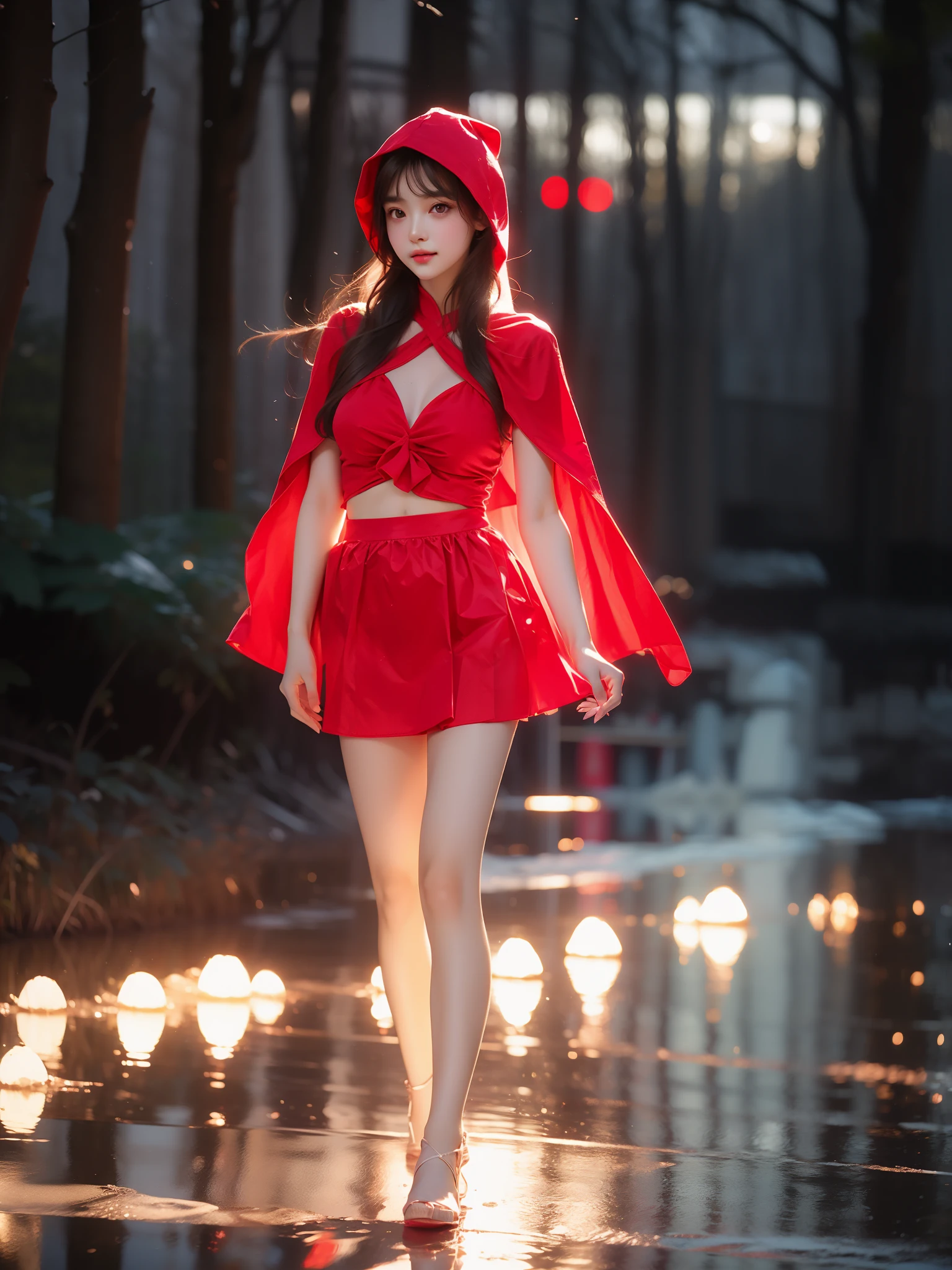 tutututu, red skirt, medium breasts, red hooded capelet, bandage, bdsm,coverednipples, , (Asian beauty), ((full body)), ((Natural and elegant posture)), (night, starry sky, space scene), (slim athletic figure: 1.1), (visible cleavage: 0.8), (smooth skin, no deformities: 1.2), nvshen, relaxed posture, Sexy long legs, The hemlines are short, head tilted, charming smile, hands gently lifted hemline, long shaggy hair flowing, delicate features: (large bright eyes, long eyelashes: 1.1), mouth slightly upturned, expression gentle and confident, (fidelity: 1.1) 1.2), high detail, soft lighting, warm tones