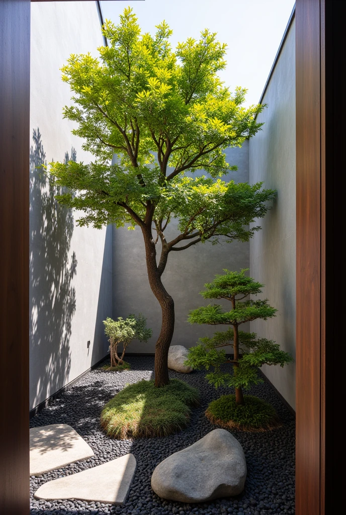 qlcd,tingyuan,no humans,tree,scenery,outdoors,day,stairs,plant,fence,This picture shows a modern style courtyard landscape. On the left side of the screen is a gray rock with a unique shape,seemingly carefully selected and arranged. There is a small path paved with black pebbles next to the rock,winding through the courtyard. In the center of the courtyard,there is a beautifully shaped tree with a twisted trunk and lush leaves,giving people a feeling of ancient and exquisite. On the right side of the tree is a small bonsai plant,with lush branches and leaves,presenting a vibrant scene. In the background,you can see a tall wall with some vertical line textures,forming a sharp contrast with the foreground. The entire scene is illuminated by sunlight,appearing very peaceful and harmonious.,