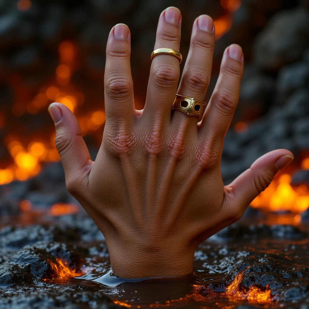 h4nd, perfect hand, golden ring, LOTR ring, Frodo's hand emerging from the lava, the hand in a fist, realistic photo, the back of the hand, the knuckles of the hand, wrist, dirty hand, dramatic shot