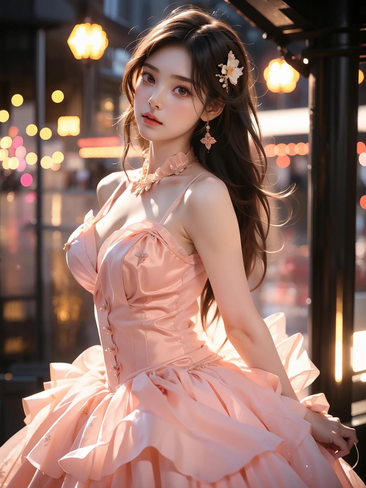 ta1,dress,flower , (Asian beauty), ((full body)), ((Natural and elegant posture)), (night, starry sky, space scene), (slim athletic figure: 1.1), (visible cleavage: 0.8), (smooth skin, no deformities: 1.2), nvshen, relaxed posture, Sexy long legs, The hemlines are short, head tilted, charming smile, hands gently lifted hemline, long shaggy hair flowing, delicate features: (large bright eyes, long eyelashes: 1.1), mouth slightly upturned, expression gentle and confident, (fidelity: 1.1) 1.2), high detail, soft lighting, warm tones