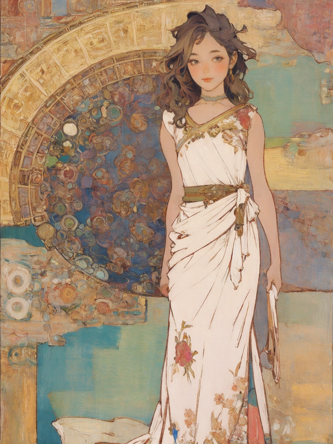 (by mucha:1.3), Detailed Background, Art Deco, Beautiful landscape painting, industrial Art, flat Art, (ivy), (masterpiece, Best Quality), Vibrant colors, colorful, Amazing details, Anatomically correct, (perfect anatomy:1.2), Line art, fechin oil painting style, oil brush strokes, large color blocksdisney, Depth of written boundary, Flat Shading, (Long Wavy Hair), (12YO, flat chest:1.2), Perfect Style, 1 girl, solo, (Mysterious ancient dress),