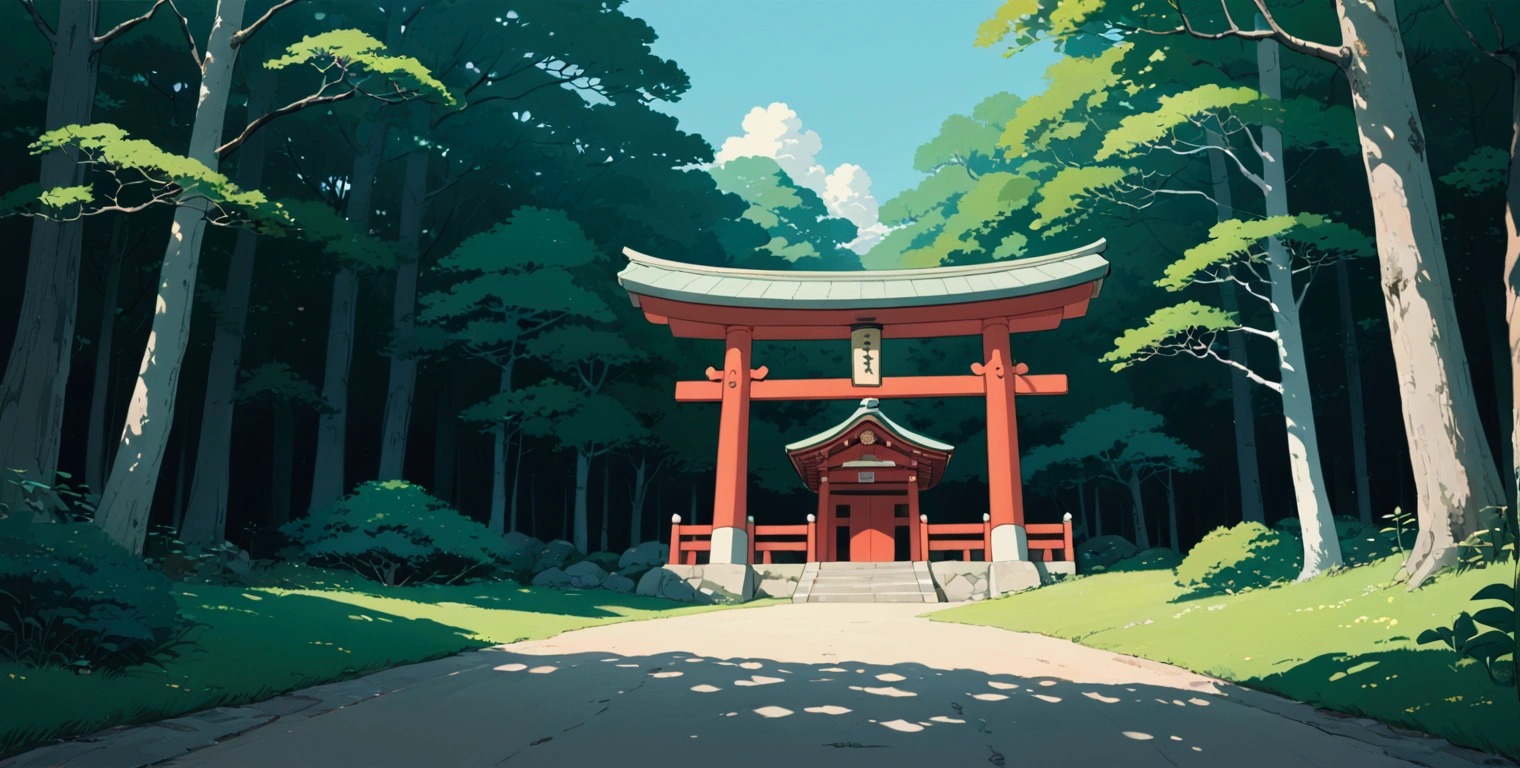 (minimalism:1.4), Lofi anime style, Studio Ghibli art, Miyazaki ,pastel , cute ,minimalist , SPIRITED AWAY From Hayao Miyazak ,No one is there , No people , Landscape , Japanese shrine in the forest