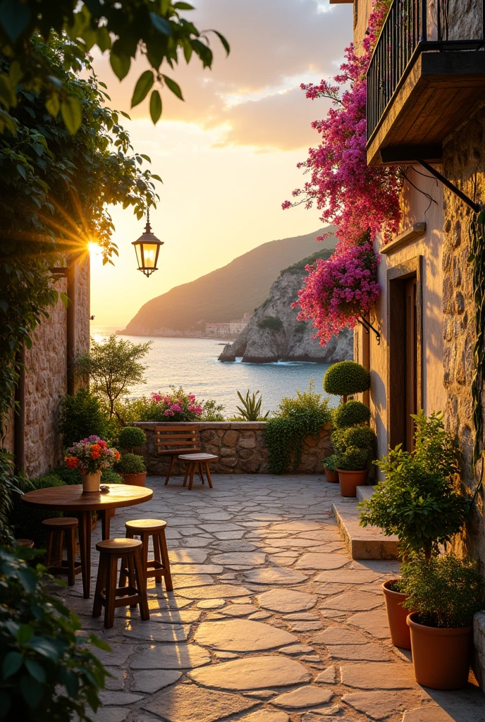 Seaside, small courtyard, railing, round table, stool, pillow, coffee, bouquet of flowers, green plants, trees, sea, ancient buildings, sofa, sun, clouds, sunset, sunset, wide angle lens, mountains, paradise, round flowers, round flowers, boxwood balls, creeper, , fragrant vine, wisteria, cannon flowers, , lingxiao, gourd, mountain turtle, ivy, rose, vine season clematis windmill jasmine triangle plum ball orchid