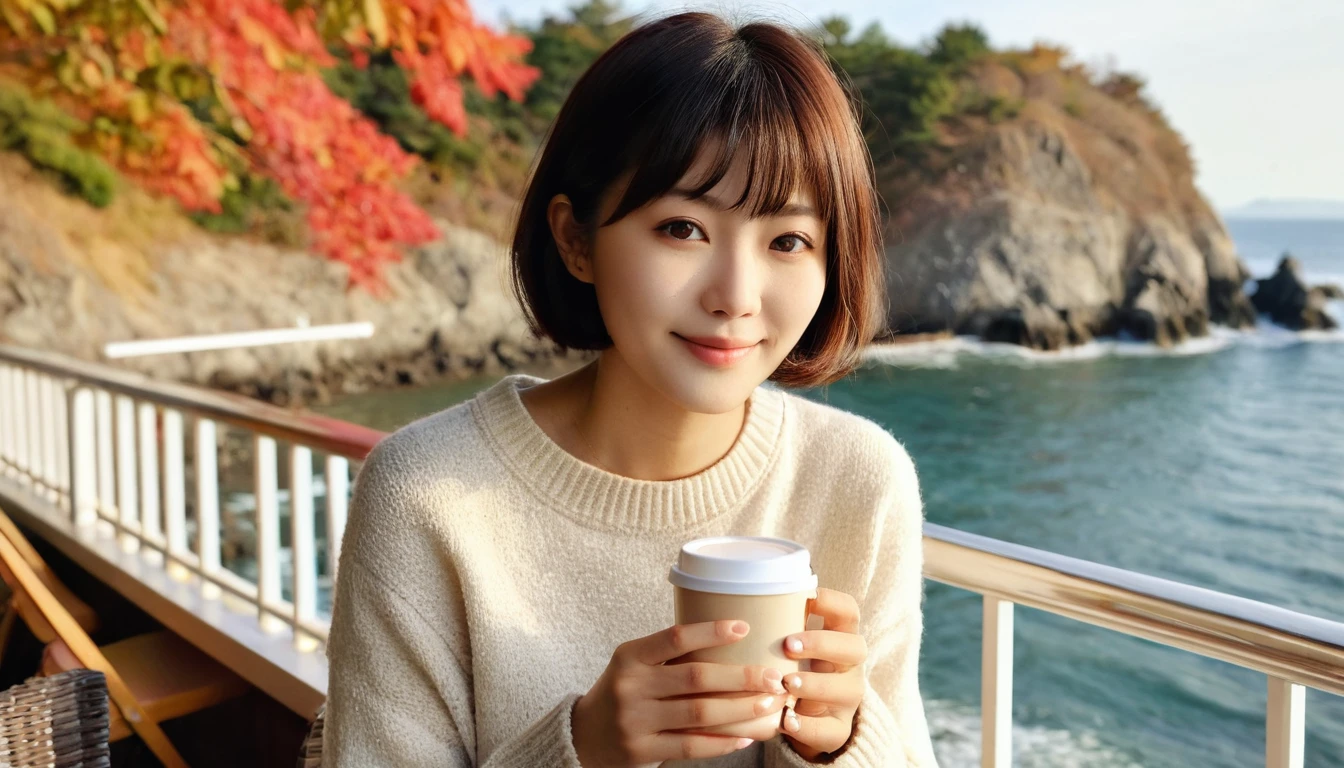 Actual photo,  High image quality ,    anatomically correct,  Autumn seaside cafe terrace   , Beautiful autumn seaside scenery , Spectacular natural scenery ,  One Japanese girl  ,    holding a coffee cup in hand,  Short, trimmed bangs,  short hair,  gentle light of the sun starting to lean west, 