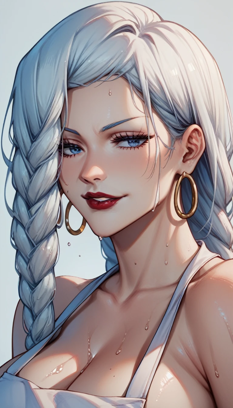 score_9, score_8_up, score_7_up, score_6_up, score_5_up, score_4_up,mei mei, blue eyes, white hair, twin hair braid, large breasts, naked ,wet apron, oversized hoops earrings,big earrings , biting lips,red lipstick , jujutsu kaisen 