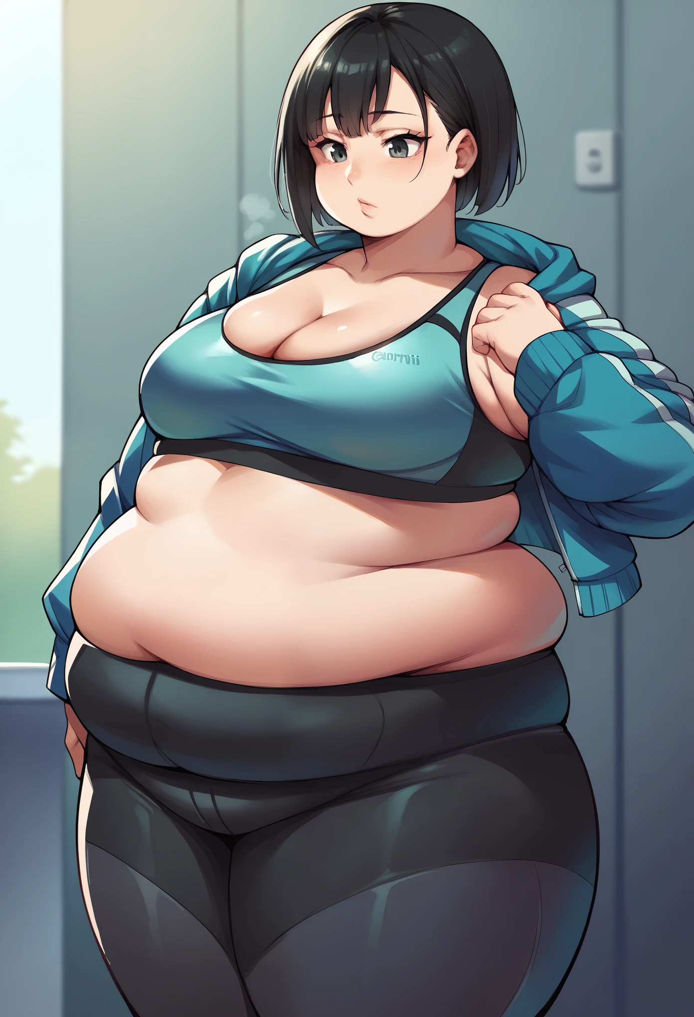 hiraguchip5, short hair, black hair, sports bra, yoga pants, midriff, cleavage jacket, fat, chubby, obese, Shibuya 