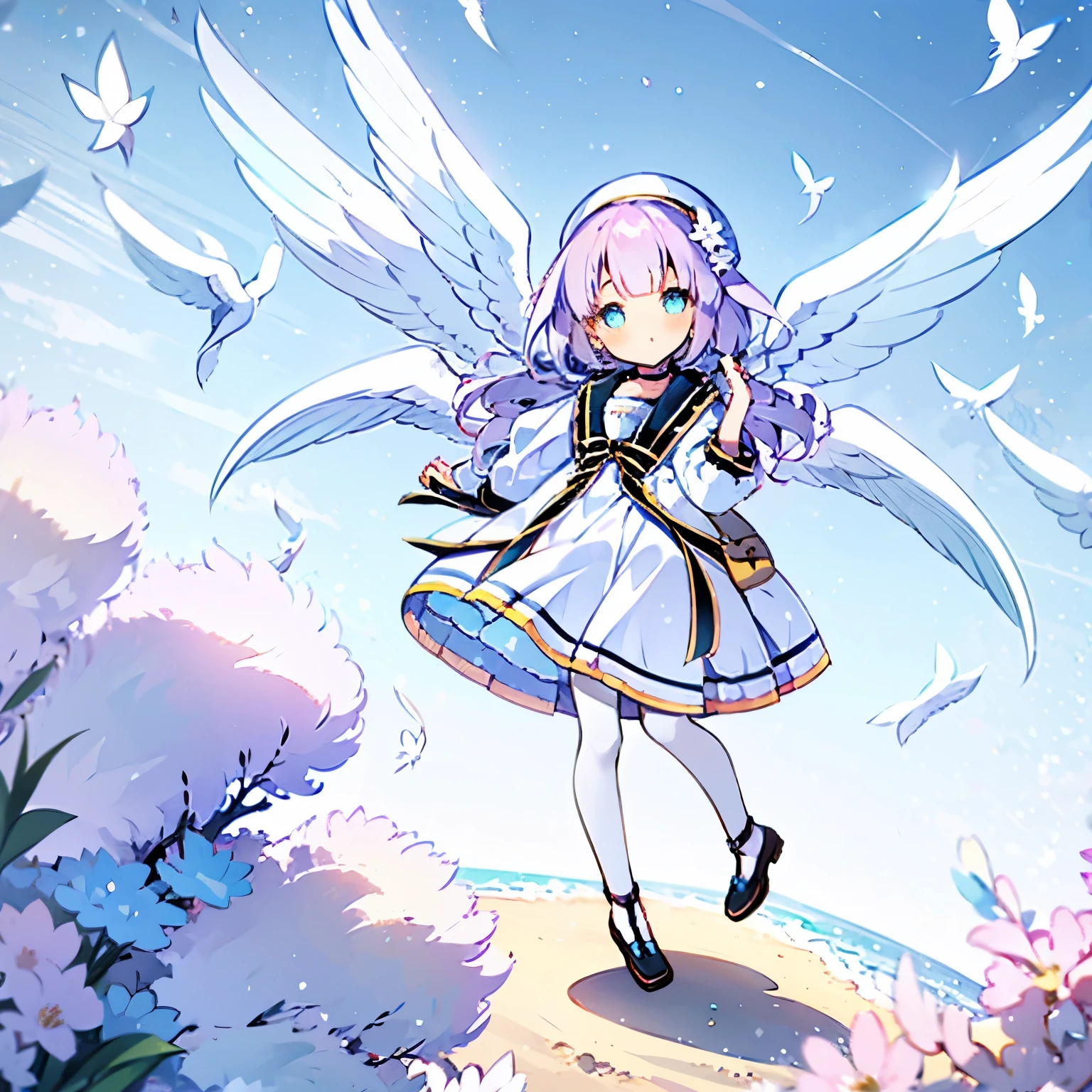 full body image of a girl flying in blue sky 