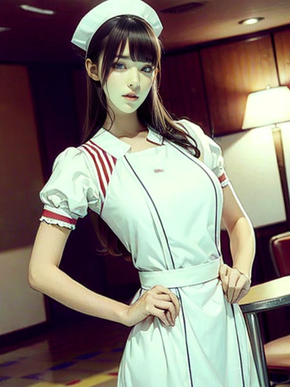 araffe dressed in a red and white striped dress and white hat, Maid dress, japanese Maid cafe, close - fitting Nurse costume, Maid costume, Wearing the RR Diner uniform, wearing Maid uniform, Maid outfit, ( Waitress ) girl, gorgeous Maid, Nurse costume, anime girl in a Maid costume,  catboy cosplay ! Maid! dress, Nurse uniform