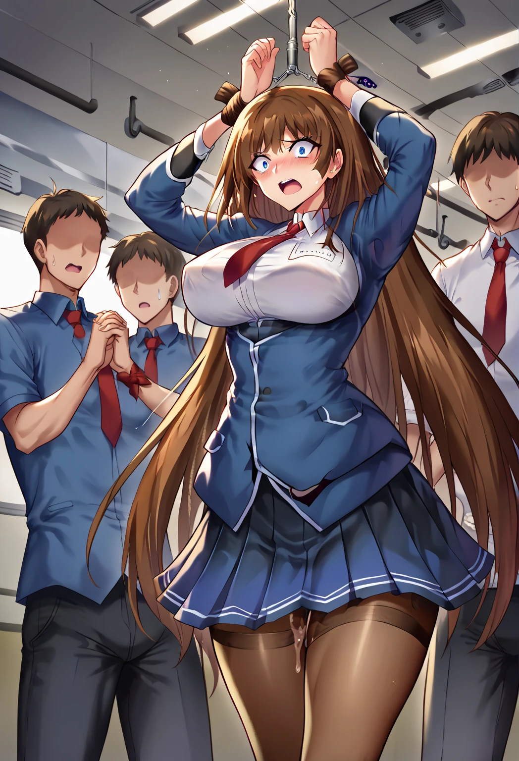 masterpiece, Highest quality, 1 person,( Large Breasts,Are standing, View your viewers,),Detailed Background、A person who writes in detail、Accurate human body、Knowledgeable person、Accurate 5 fingers,Mature Woman,Thick thighs,Curvy Body,Asuka,blue eyes,very long hair,brown hair,black pantyhose,red necktie,pleated skirt,long sleeves,blue jacket,(((arms up))), (((wrist tied together))), (((arms up, fixed at ceiling))), ((Absolute area)),method, (Inside the train), netorare, different, grab, Heterosexual, Pussy juice, Crazy behavior, Public indecency, Public use, Fingering, Two boys, Faceless Man, subsidy exposed