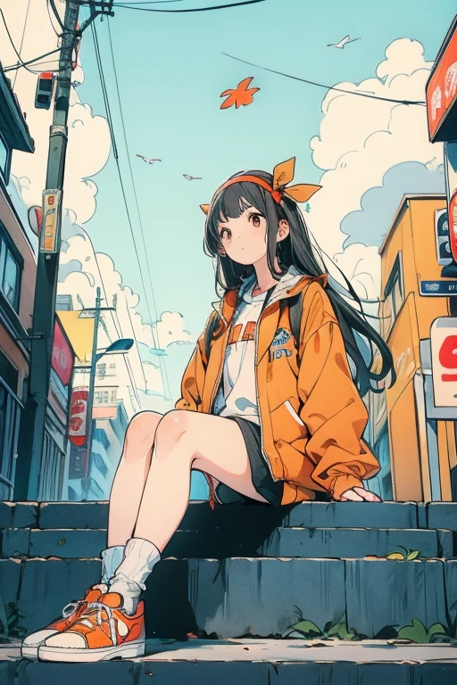  1 girl,orange shoes  ,Alone,Sitting,null,cloud,Outdoor, Black Hair ,bird,上方fromの眺め,blue null,White socks,Daytime, orange jacket, buildings, Long Sleeve ,leaf,Long Hair,stage,red Headband,Pump rope,Headband,bangs,cloudy null,from_Down,wide_shot,