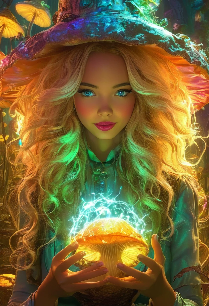 a beautiful 20 year old nude blonde woman with big messy hair, holding a glowing mushroom, fantasy art style, cartoon vibrant, alice in wonderland cyberpunk, cute detailed digital art, masterpiece, highly detailed.