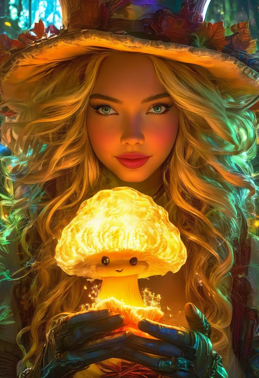 a beautiful 20 year old nude blonde woman with big messy hair, holding a glowing mushroom, fantasy art style, cartoon vibrant, alice in wonderland cyberpunk, cute detailed digital art, masterpiece, highly detailed.