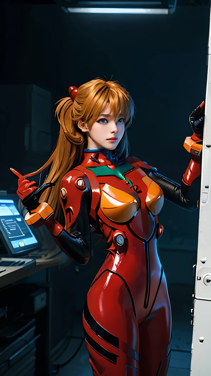 (highest quality, masterpiece:), ultra-high resolution, night, in the pub, Korean gravure model, 23 years old, tight, wearing an Asuka costume, high leg, gigantic breasts, puffy nipple:1.4, skinny, bangs, long hair, light brown hair, forehead, unkempt hair, earrings, beauty, victory smile, mature woman, please face forward and look at the camera,