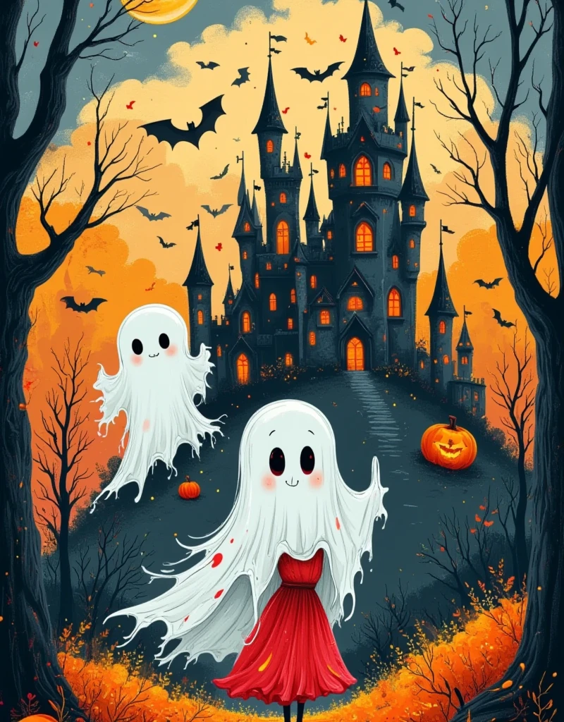 Halloween，Chen Jialing，Gothic，cute，castle， surrealism ，Atmosphere，Weird，suspense，3d，OC Rendering，( Ghost Bride )，( Skeleton Bride :1.4)，Q version，Super cute ，( Giant Ghost :1.4)，(Will-O-Wisp)，(Jack-o&#39;-lantern:1.3)，bat，(thorns:1.5)，Fashion Magazine，Smoky， two-dimensional flat cartoon ， hand-painted graffiti ，Minimalism，Line Drawing，Stroke，Smooth lines， with clear strokes ，造型cute简约，High color saturation ,White Space