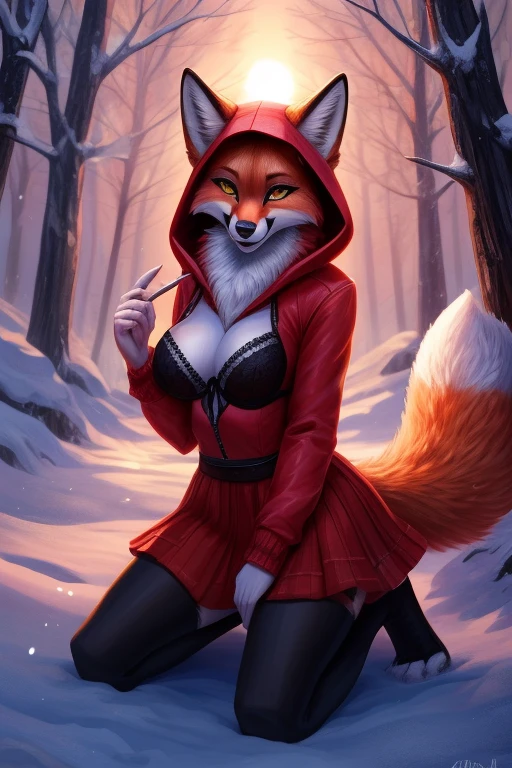 Alice, solo, 1girl, fox ears, elongated fox snout, orange fur, female focus, 1 fox tail, Red tail of the best quality, exteriors, orange skirt with fur trim, black stockings, black thong, black bra, cleavage, happy face, hood, Detailed background, orange jacket open, fur-trim, Furry, Fluffy, fur-trimmed sleeves, orange fur coat with fur trim, Fox ears of the best quality, a 1girl, solo, Focus Photo, Smile, blusher, looking a viewer, Evening sunset, winter, It's snowing, detailed yellow eyes, Detailed beautiful yellow eyes, detailized face, detailed hands and fingers, High-quality hands and fingers, Perfect anatomy of the body, Perfect posture, Perfect anatomy of the hand, Perfect finger anatomy, Heightened sexuality, big breastes, skinny waist, digitigrade, fox paws on feet, best-Quality, detailed, high-resolution illustration, Cute, canny smile, blusher, voluminous breasts, closed breasts, Vulgar girl, A thin, Soft, Beautiful and detailed portrait, 8k, HDR, Excellent quality, higly detailed, Detailed fur, ((tail correct position)), handsome girl, In a snow-covered dark forest, among the trees, Winter forest landscape, Eyes of detail,  movie lighting, on knees