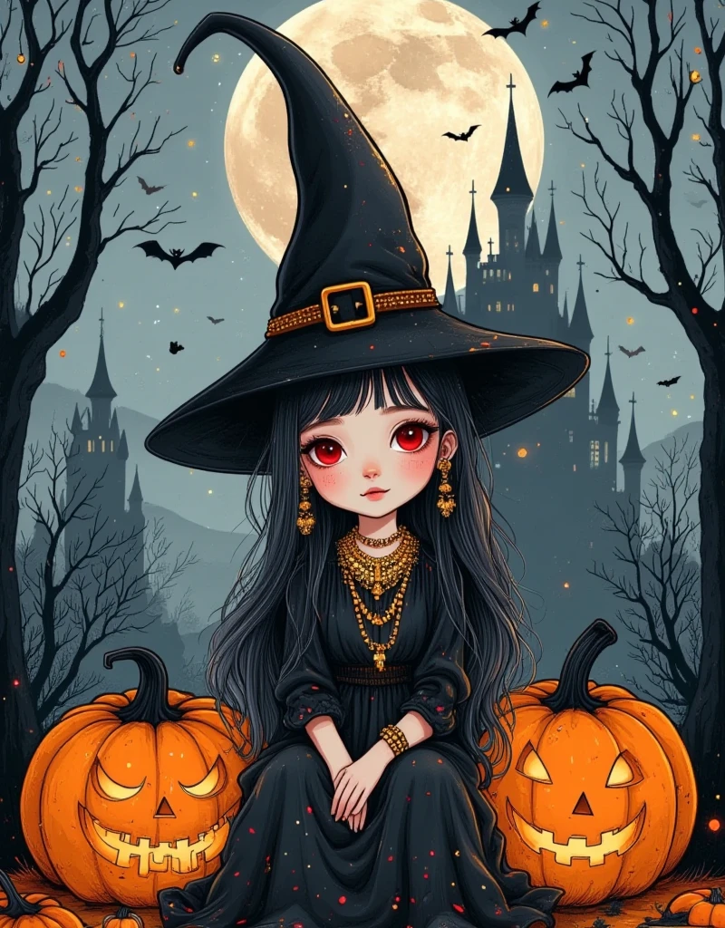 1 Girl，whole body，Sitting，witch hat，Black witch robes，Jewelry， surrounded by pumpkins ，Jack-o&#39;-lantern，Halloween，outdoor，night，Full Moon，bat，The background is a gothic castle ， two-dimensional flat cartoon ， hand-painted graffiti ，Minimalism，Line Drawing，Stroke，Smooth lines， with clear strokes ， The shape is cute and simple，High color saturation ，White Space