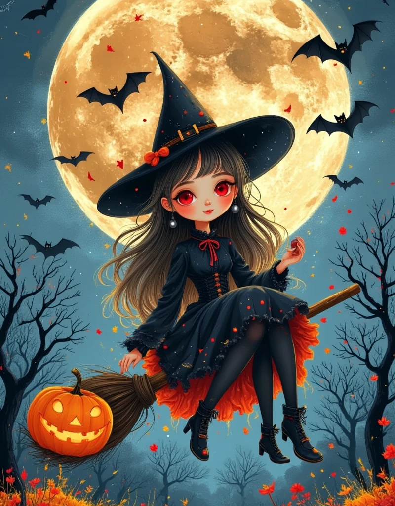 Anime style, Panoramic top-down shot, in the night sky, full moon, (cute witch is flying in the sky on a broomstick:1.5), (riding a broomstick:1.3), witch in a cape, wearing a magic hat, black shorts, black stockings, throwing candy in her hand, bats flying in the sky, looking at the camera, (there is a burning English saying Happy Halloween in the sky), contrast between warm and cool tones