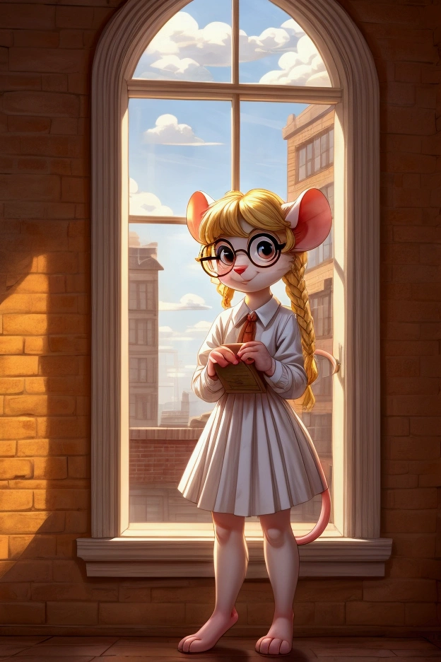 A nerdy dorky young grade 5 mouse girl with white fur and blonde hair in braids and large round glasses looking out the second floor window of a brick building over a pharmacy, in a cute anthro cartoon style