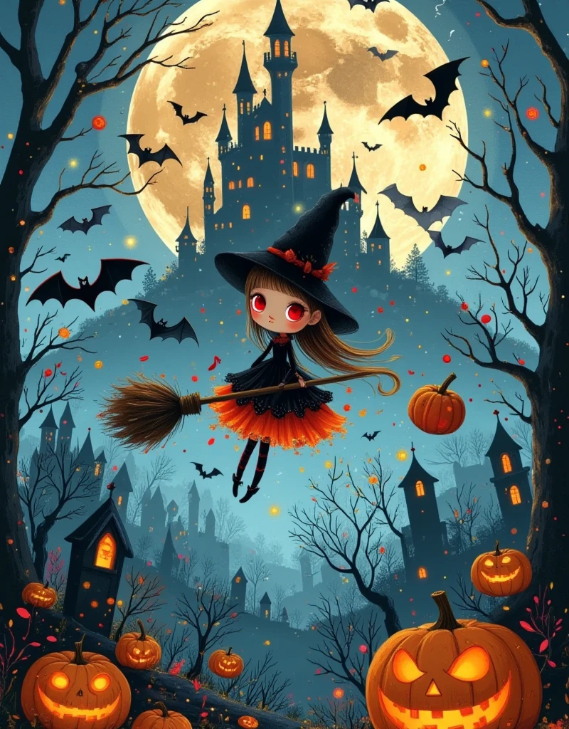 Anime style, Panoramic top-down shot, in the night sky, full moon, (cute witch is flying in the sky on a broomstick:1.5), (riding a broomstick:1.3), witch in a cape, wearing a magic hat, black shorts, black stockings, throwing candy in her hand, bats flying in the sky, looking at the camera, (there is a burning English saying Happy Halloween in the sky), contrast between warm and cool tones