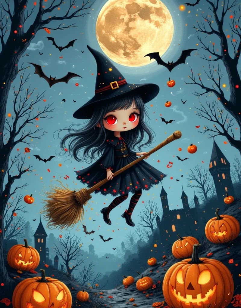 Anime style, Panoramic top-down shot, in the night sky, full moon, (cute witch is flying in the sky on a broomstick:1.5), (riding a broomstick:1.3), witch in a cape, wearing a magic hat, black shorts, black stockings, throwing candy in her hand, bats flying in the sky, looking at the camera, (there is a burning English saying Happy Halloween in the sky), contrast between warm and cool tones