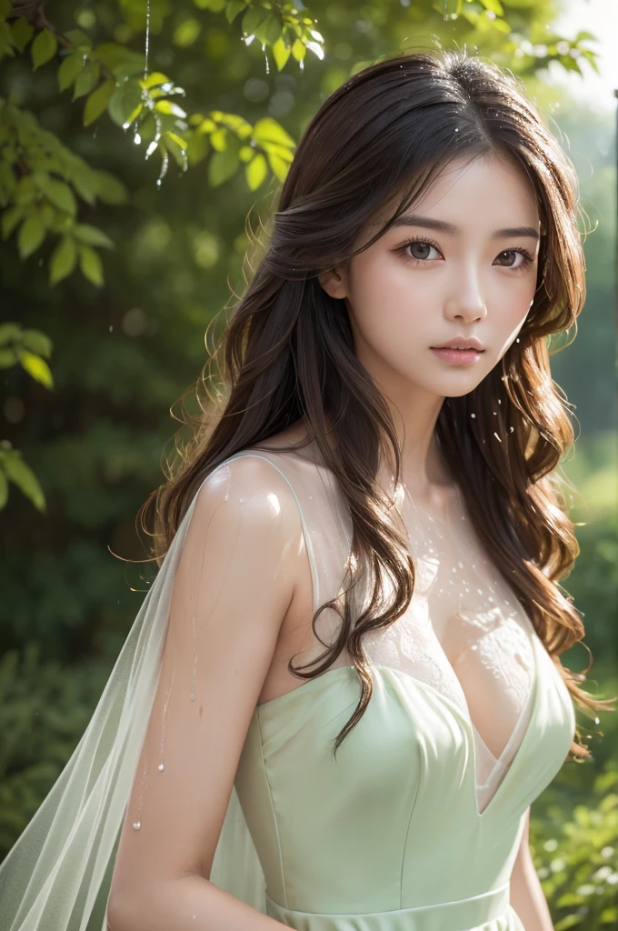 (Highest quality、8k、Representative works:1.3)、Beauty、One Woman、(、Attractive body:1.2)、 dark brown hair throughout the church:1.1、(Wet body:1.2)、Ultra-detailed face、Exquisite lips、Exquisite Eyes 、double eyelid、The green forest in the background 、 It's Raining、 visible、 white silk one-piece dress、 dress is wet in the rain、Medium long wavy hair、Looking at the camera、