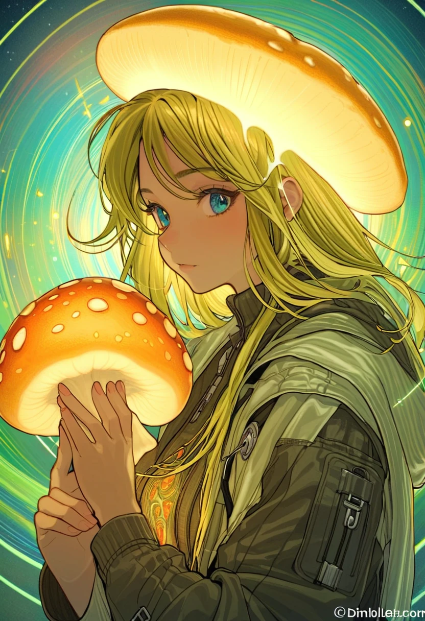 a beautiful naked 20 year old nude blonde woman with big messy hair, holding a glowing mushroom, fantasy art style, cartoon vibrant, alice in wonderland cyberpunk, cute detailed digital art, masterpiece, highly detailed.