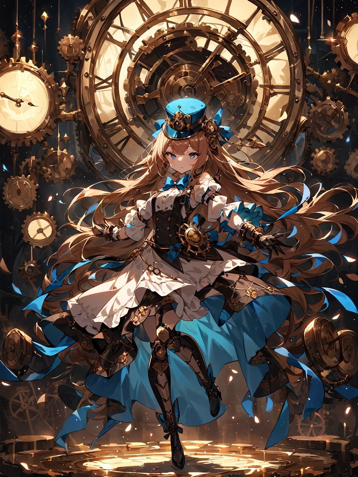 (masterpiece, best quality, very aesthetic, absurdres), 1 girl, perfect body, anatomically correct, correct ratio, 

An anime-style girl poses like a marionette in a circus arena. She wears a classic doll-like dress with ribbon and button details, and her joints are designed to have doll-like connections. The background features large gears and clockwork parts, giving the whole stage a steampunk feel, making it look like a mechanical wonderland. The auditorium is dimly lit, with spotlights illuminating the girl and the stage. The overall atmosphere is dark, mysterious and fantastical, evoking a sense of wonder and melancholy.