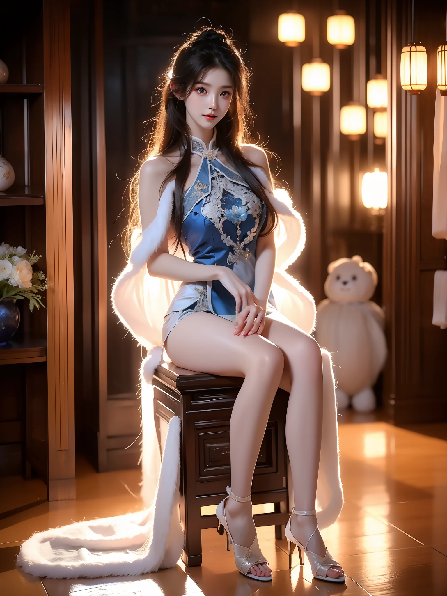 guqinghan,cangyugezhu,
chinese clothes, china theme, blue dress,white lace trimgloves, fur trim, side slit, cape, shawl,, (Asian beauty), ((full body)), ((Natural and elegant posture)), (night, starry sky, space scene), (slim athletic figure: 1.1), (visible cleavage: 0.8), (smooth skin, no deformities: 1.2), (Large breasts), nvshen, relaxed posture, Sexy long legs, The hemlines are short, head tilted, charming smile, hands gently lifted hemline, long shaggy hair flowing, delicate features: (large bright eyes, long eyelashes: 1.1), mouth slightly upturned, expression gentle and confident, (fidelity: 1.1) 1.2), high detail, soft lighting, warm tones