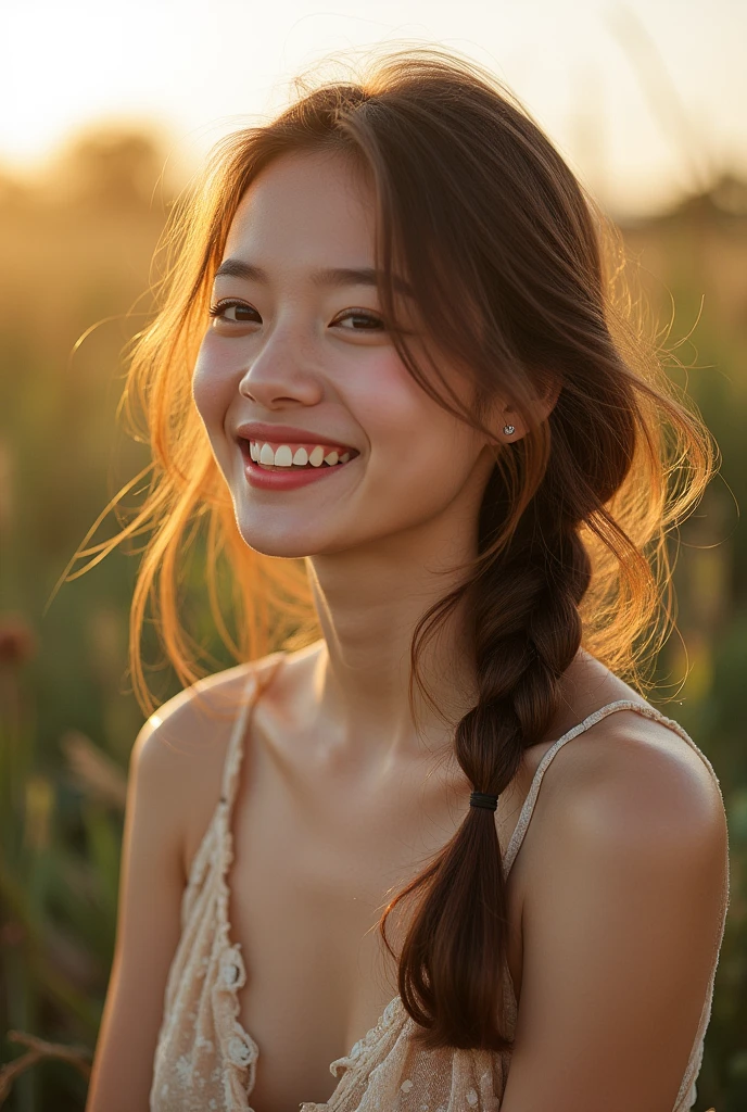 A candid film photograph of a girl with long brown hair in a loose braid, wearing a flowing summer dress. She is captured mid-laugh, looking away from the camera, her face and upper body bathed in the golden light of sunset. The outdoor setting and film grain create a dreamy, ethereal mood, reminiscent of classic film portraits. High quality, with an emphasis on natural beauty and emotion.lora:Film photography XL:0.8