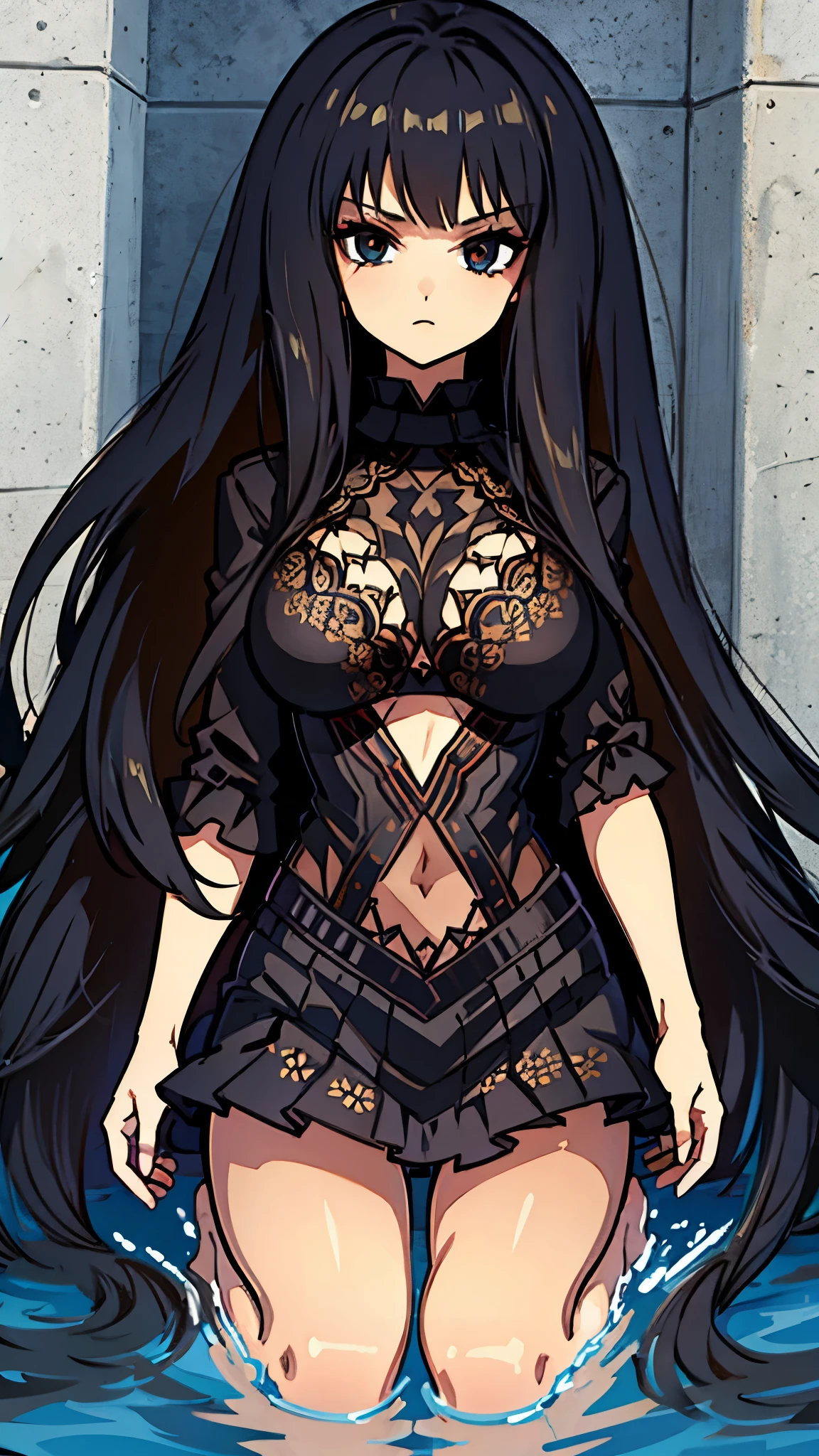 ultra high res, Best quality, poolside, beautiful woman, UHD, long black hair, black bikini, looking at the viewer with a stern expression, barefoot, anime style, intricate details, line:-3.5, sharpen, 32k, plain, masterpiece, intense gaze, dark eyelashes, slightly hanging eyes, 