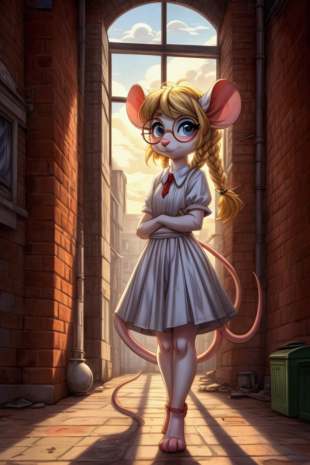 A nerdy dorky young grade 5 mouse girl with white fur and blonde hair in braids and large round glasses looking out the second floor window of a brick building over a pharmacy on a grimy inner-city street, in a cute anthro cartoon style