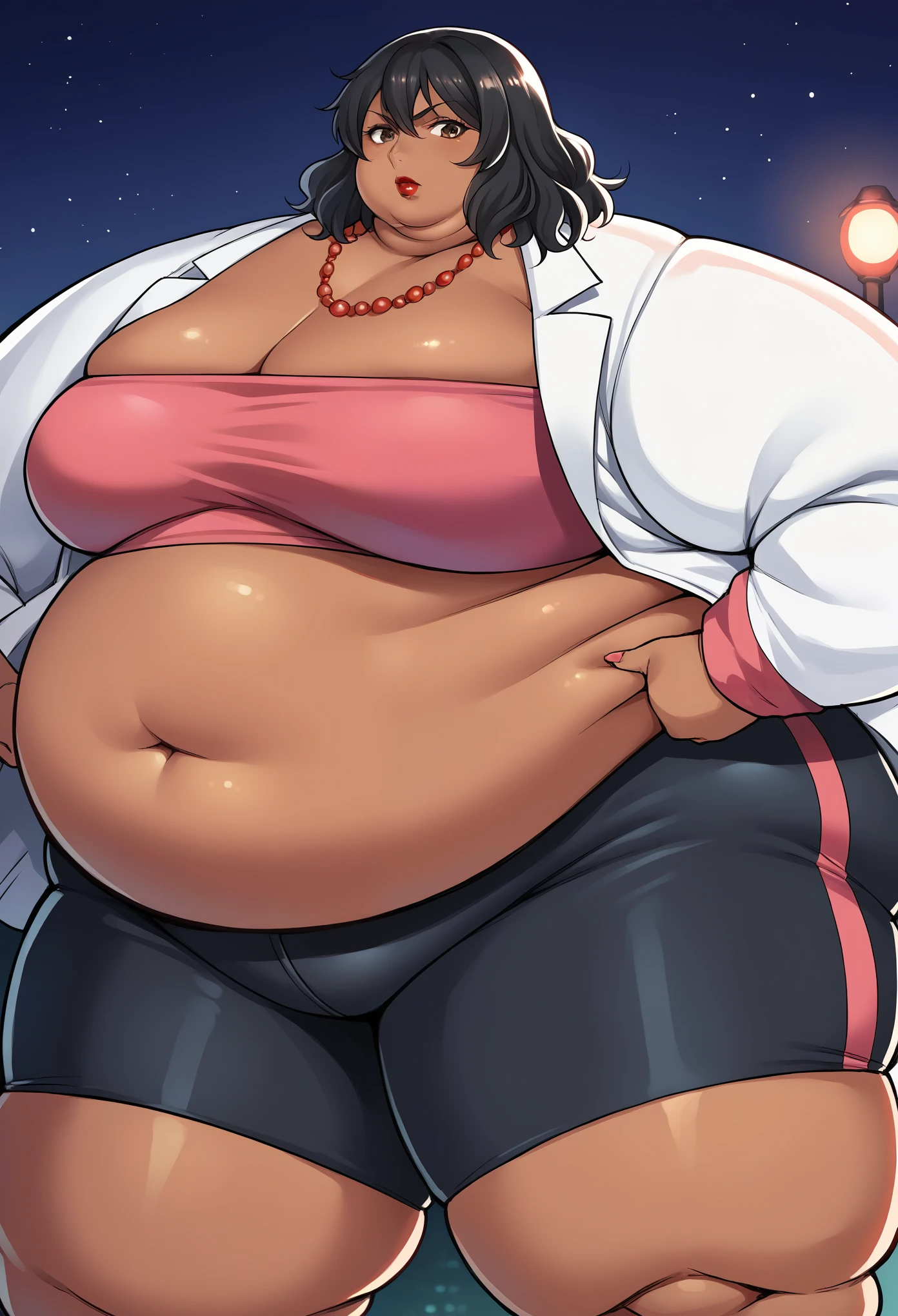 score_9, score_8_up, score_7_up, source_anime BREAK 1girl, solo,  chounop5, black hair, medium hair, brown eyes, pink tube top, black bike shorts, white jacket, midriff, necklace, dark skin, lipstick, Red light district, Shinjuku, night, fat, chubby, obese, gigantic arms and legs 