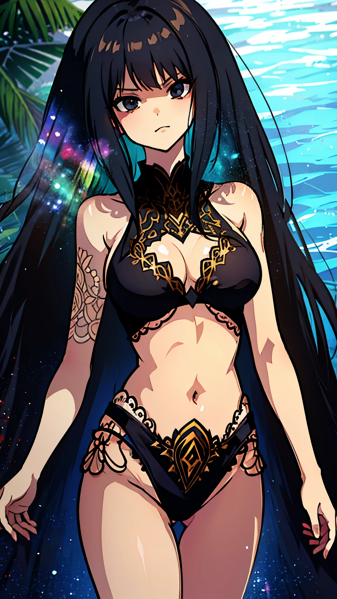 ultra high res, Best quality, poolside, beautiful woman, UHD, long black hair, black bikini, looking at the something far away with a stern expression, barefoot, anime style, intricate details, line:-3.5, sharpen, 32k, plain, masterpiece, intense gaze, dark eyelashes, slightly hanging eyes,