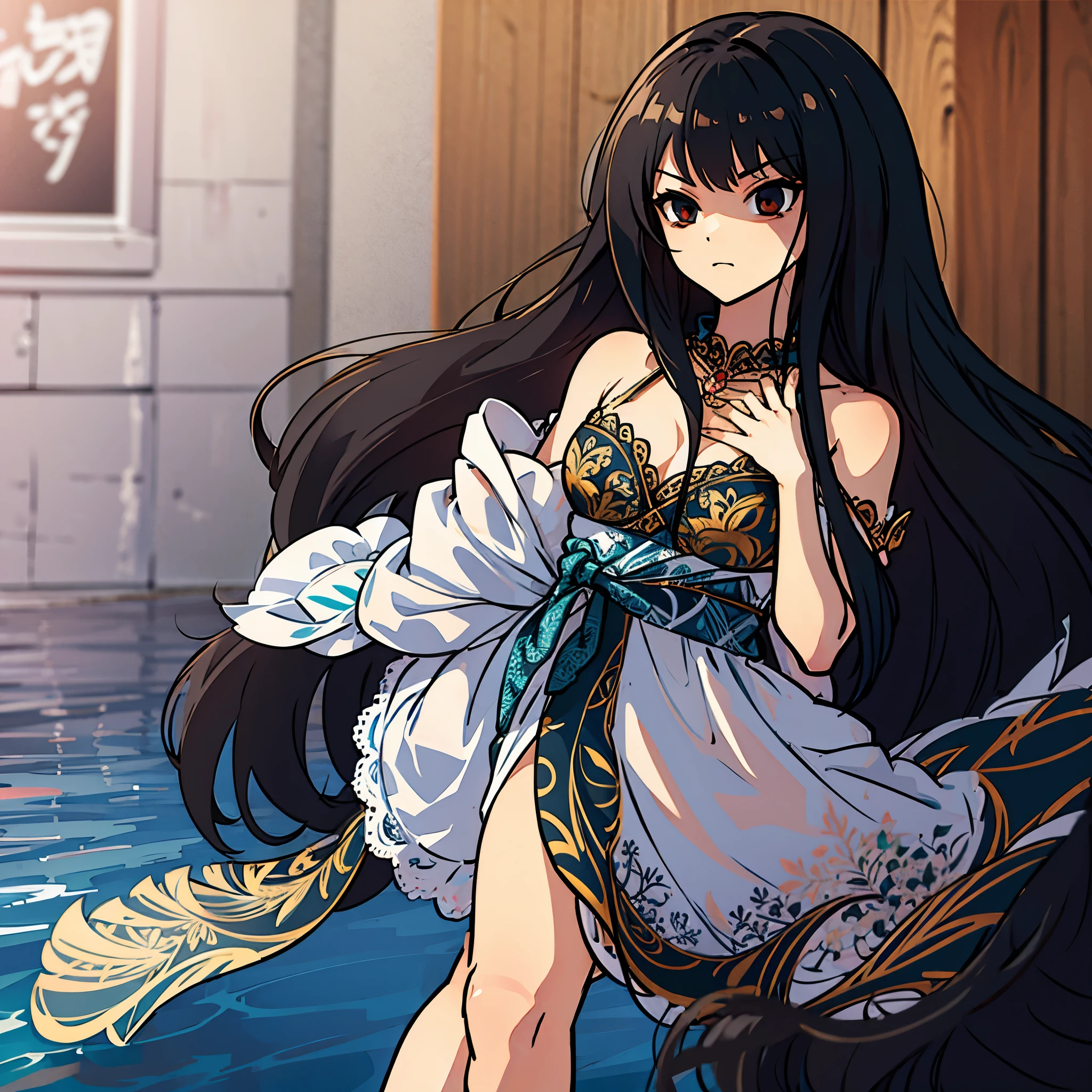 ultra high res, Best quality, poolside, beautiful woman, UHD, long black hair, black bikini, looking at the something far away with a stern expression, barefoot, anime style, intricate details, line:-3.5, sharpen, 32k, plain, masterpiece, intense gaze, dark eyelashes, slightly hanging eyes,