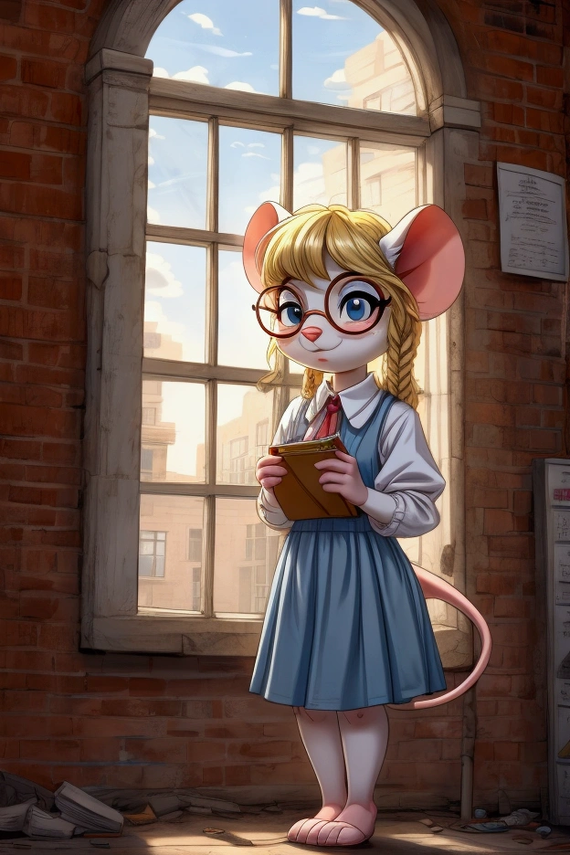 A nerdy dorky young grade 5 mouse girl with white fur and blonde hair in braids and large round glasses looking out the second floor window of a brick building over a pharmacy on a grimy inner-city street, in a cute anthro cartoon style