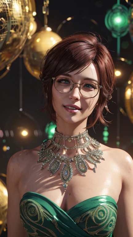 close-up,  upper body. Short, red hair, green eyes,  metal-framed glasses , green strapless dress, joyful smile, cheerful girl . (masterpiece, top quality,  Best quality,  official art ,  beautiful and aesthetic :1.2),  extremely detailed ,( fractal art :1.2),Colorful,The most detailed, (dynamic pose), (abstract background:1.5), (Lots of spirals :1.4). ((SPLIT.  skin texture , shiny skin. elegance. photorealism.  unreal engine .  3d Model.  Ultra high quality textures.  high detail . permission 8k))