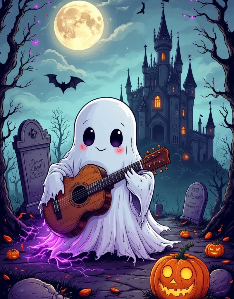  a ghost holding a guitar， standing behind the tomb ， broken tombstone ， destroyed castle ， with purple flash ，Little pumpkin lantern ， Little bat surrounded ，Glowing notes， moon hanging high in the sky ，The background is a gothic castle 。 two-dimensional flat cartoon ， hand-painted graffiti ，Minimalism，Line Drawing，Stroke，Smooth lines， with clear strokes ， The shape is cute and simple，High color saturation 。White Space。